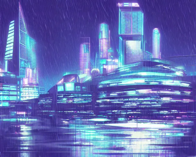 Image similar to futuristic city at night with rain, in the style of syd mead,