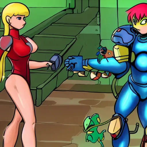 Image similar to Samus Aran taking her pet metroid out for a walk