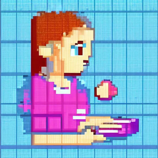 Prompt: highly detailed pixel art of young russian girl playing a pink keyboard with a cup of tea, realistic,
