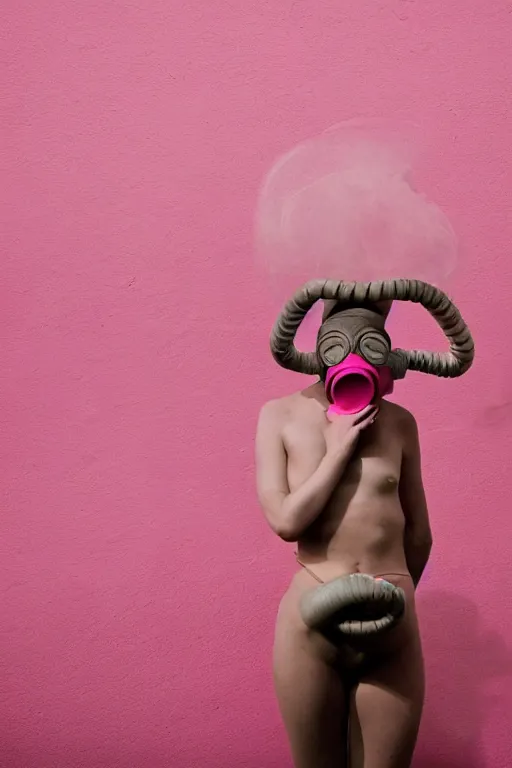 Image similar to a surreal portrait of intertwined and contorted figures wearing gas mask next to a pink wall in the style of brooke didonato, editorial fashion photography from vogue magazine, full shot, nikon d 8 1 0, ƒ / 2. 5, focal length : 8 5. 0 mm, exposure time : 1 / 8 0 0, iso : 2 0 0