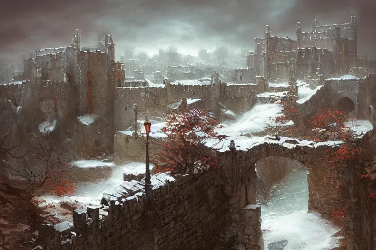 Image similar to winterfell walls gate, lanscape, calm feeling, clouded, beautiful, by marc simonetti