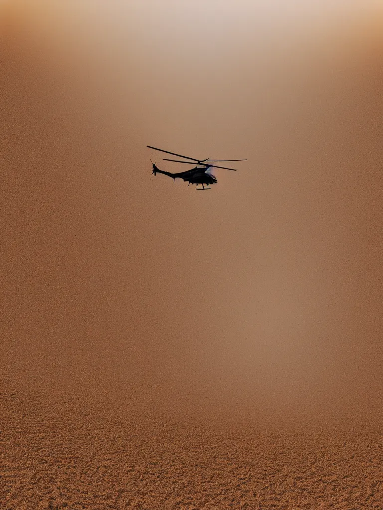 Image similar to close up! photo of helicopter flying over a sand hills covered in dust, desert environment, extremely detailed matte painting by jeremy geddes, featured on cg society, video art, reimagined by industrial light and magic, anamorphic lens flare, # vfxfriday