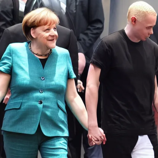 Image similar to Angela Merkel holding hands with Eminem, paparazzi