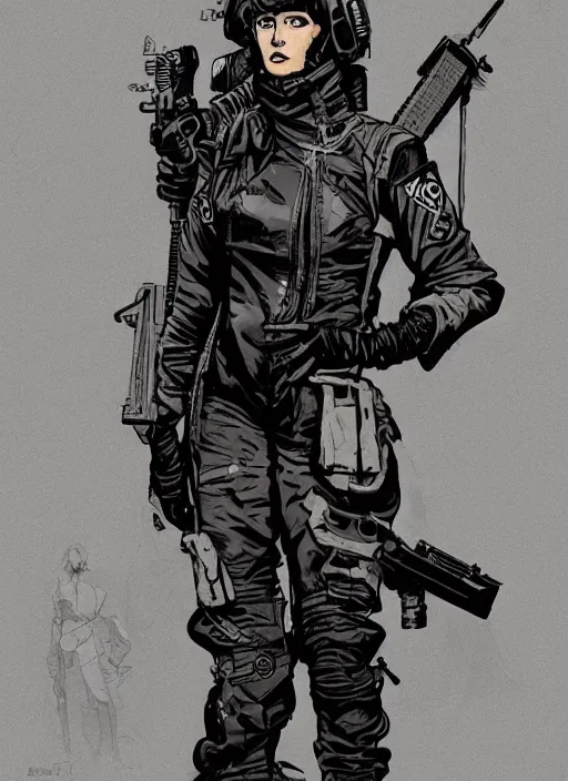 Prompt: the feminist. cyberpunk assassin in military vest and jumpsuit. portrait by ashley wood and alphonse mucha and laurie greasley and josan gonzalez. illustration, pop art, cinematic. realistic proportions. moody industrial setting. artstationhq