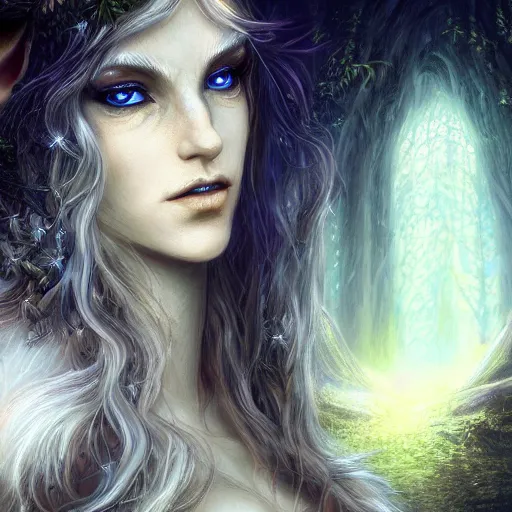 Prompt: masterpiece digital painting realistic portrait of beautiful elf goddess, 3 0 years woman, close face view, soft face, moonlight, elf forest background, at night, by luis royo, warcraft, artstation, deviantart, unreal engine, 8 k, cinematic lights