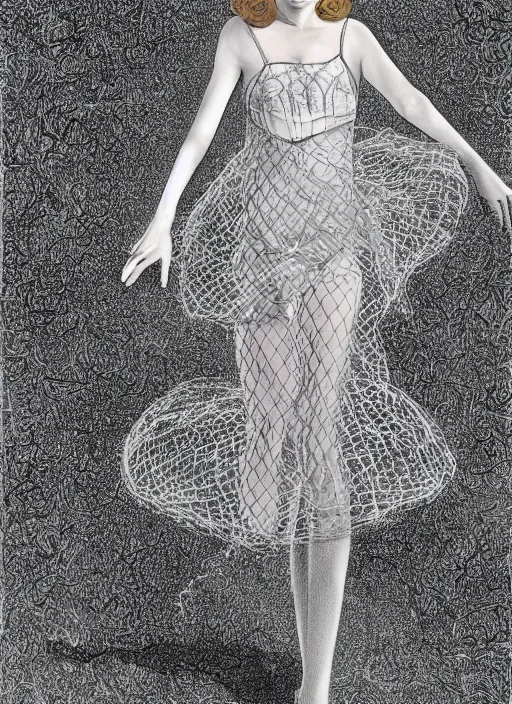 Image similar to surrealism psychedelic full body portrait sketch of lily cole as delirium of the endless in fishnet top and tutu skirt from the sandman, by alex ross, josh kirby, detailed, elegant, intricate