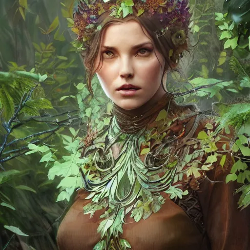 Prompt: a woman tree druid with leaf themed clothing, fully clothed, D&D, fantasy, intricate, cinematic lighting, highly detailed, digital painting, artstation, concept art, smooth, sharp focus, illustration, art by Artgerm and Greg Rutkowski and Alphonse Mucha