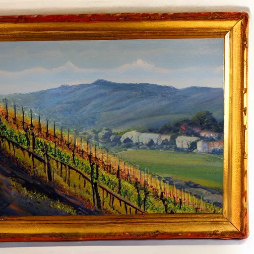 Image similar to highly detailed painting of a cliff side, at the bottom is a vineyard, thick brush strokes, visible paint layers.