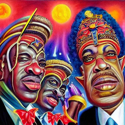 Prompt: beautiful lifelike painting of sun ra and his interstellar arkestra, hyperreal detailed facial features and uv lighting, art by ed roth and basil wolverton