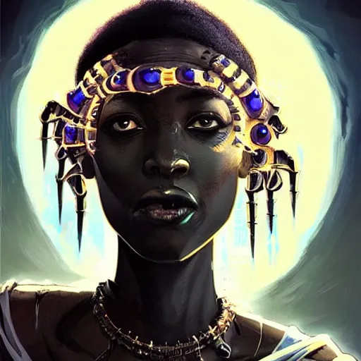 Image similar to a dark and ominous african queen with glowing eyes, a black diamond in her forehead, and jewelry made of bones, magic circles, magic vortex, Apex Legends character digital illustration portrait design, by android jones and greg rutkowski in a cyberpunk voodoo style, detailed, cinematic lighting, wide angle action dynamic portrait