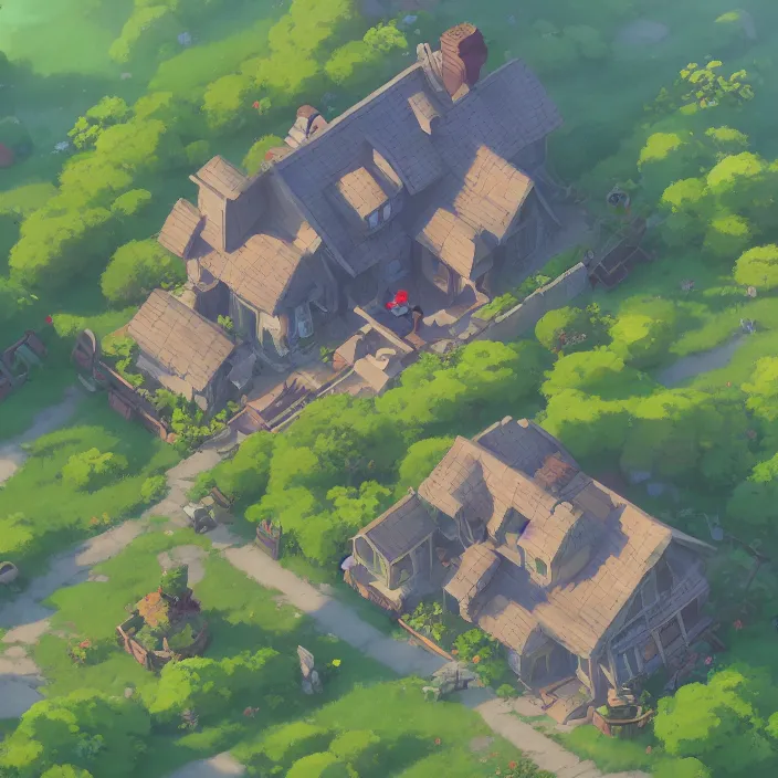 Prompt: rpg top down view of a lovely cottage, cory loftis, james gilleard, atey ghailan, makoto shinkai, goro fujita, studio ghibli, rim light, exquisite lighting, clear focus, very coherent, plain background, soft painting