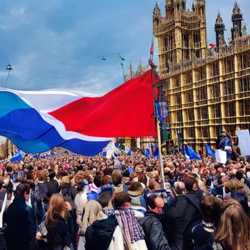 Prompt: a picture of westminster with a gigantic crowd of protestors on the street, the sky is blue and everyone is holding russian flags or posters with prince andrew's face wide shot hyperrealistic photography 7 0 mm