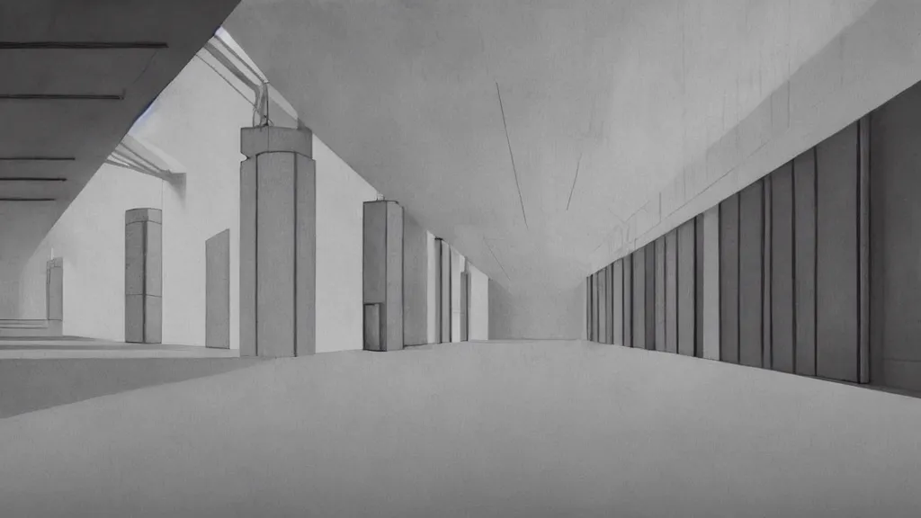 Image similar to minimalist industrial interior hallway with monolithic pillars in the style of ridley scott and stanley kubrick, impossible architecture, ultra view angle view, realistic detailed painting by edward hopper