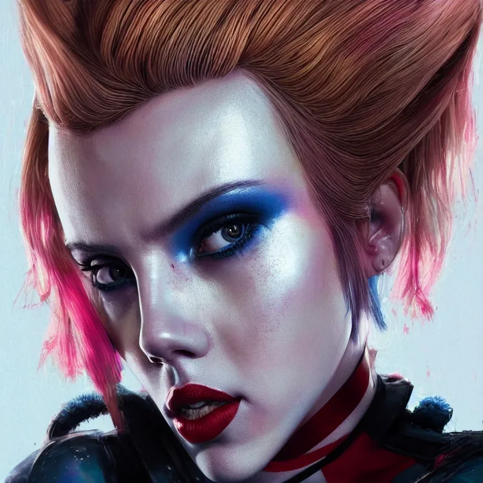 Image similar to portrait of scarlett johansson as a harley quinn. intricate abstract. intricate artwork. by Tooth Wu, wlop, beeple, dan mumford. octane render, trending on artstation, greg rutkowski very coherent symmetrical artwork. cinematic, hyper realism, high detail, octane render, 8k, iridescent accents