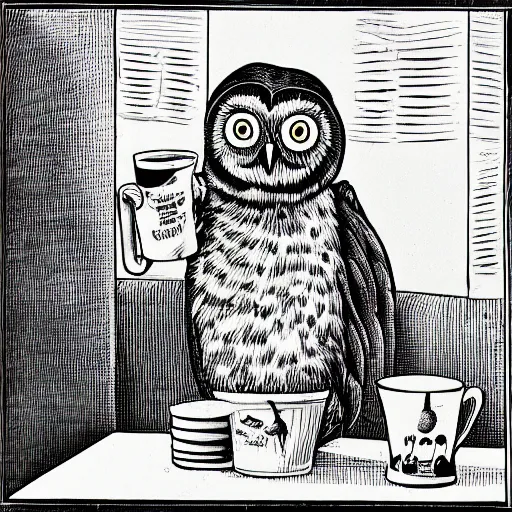 Prompt: black and white comic of a humanoid owl drinking a coffee mug