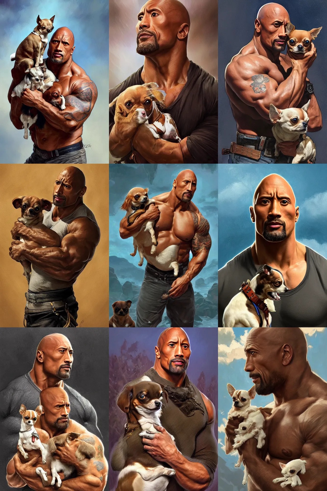 Prompt: beautiful cottagecore Dwayne Johnson as The Rock holding a Chihuahua dog, intricate, elegant, highly detailed, digital painting, artstation, concept art, smooth, sharp, focus, illustration, art by artgerm and greg rutkowski and alphonse mucha