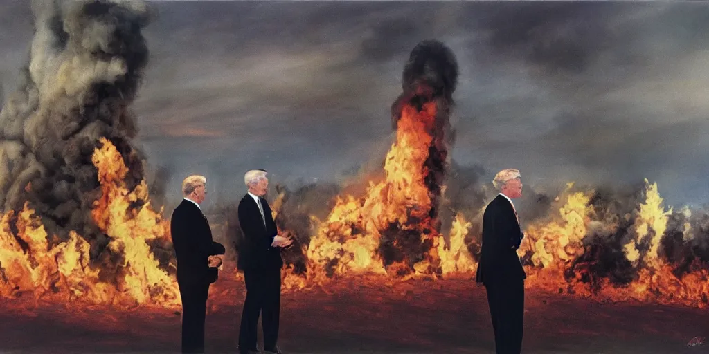 Image similar to United States President viewing the Capital Burn, 1958, Oil on Canvas, Antiwar, full body, dramatic, surreal, digital art