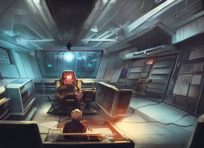 Image similar to a man sitting on a chair with things attached to his head, screens and monitors in front of him playing videos, ship interior, narrow hallway, scifi, dramatic lighting, concept art, surreal