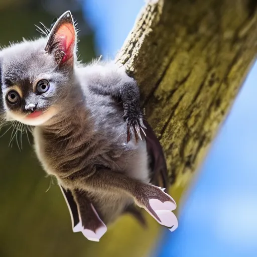 Prompt: a bat kitten, in a tree, wings out, Nikon, telephhoto