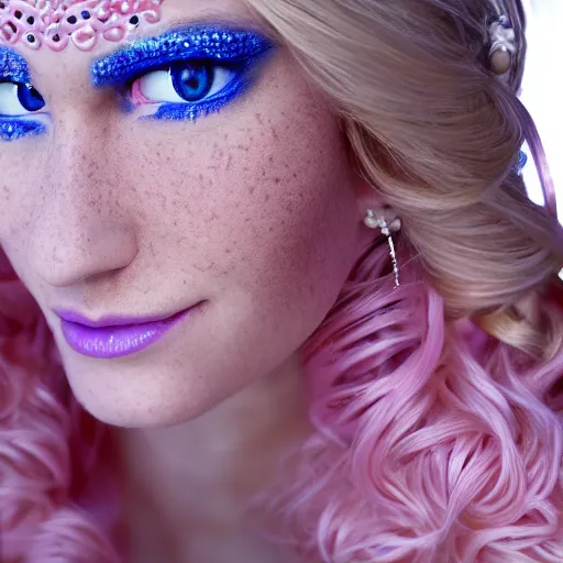 Image similar to close up headshot of a princess with long blonde hair and blue eyes wearing a strapless elaborately beaded pink dress, high resolution film still, 8k, HDR color, film by Simon Langton and David Frankel, triangular face, freckles, round narrow chin