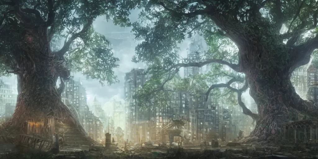 Prompt: A city built into a giant tree, cinematic lighting, detailed oil painting, hyperrealistic, 8k