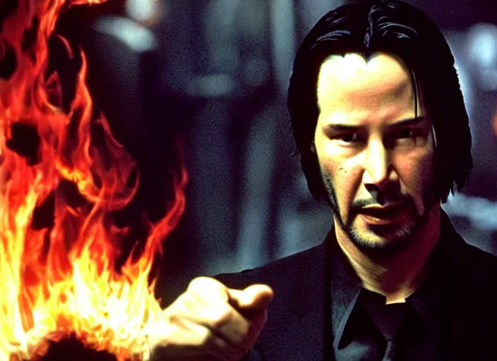 Image similar to A photo of Keanu Reeves as Neo in The Matrix movie doing a thumb up to the camera in front on burning servers, servers in flames in the background, doing a thumb up, The Matrix servers on fire, uncropped, full body, crispy, symmetrical face, ultra detailed, cinematic