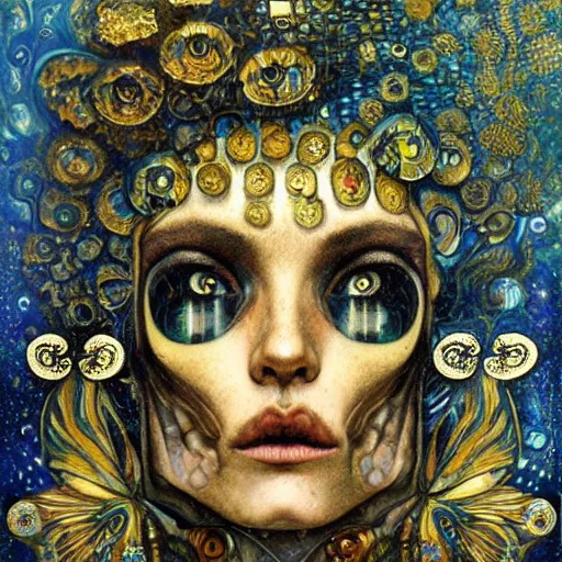 Image similar to Memento Mori by Karol Bak, Jean Deville, Gustav Klimt, and Vincent Van Gogh, beautiful visionary mystical portrait, otherworldly, fractal structures, ornate gilded medieval icon, third eye, spirals, jeweled religious relic saint skull