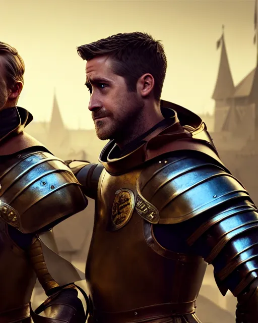 Image similar to portrait of ryan gosling and jake gyllenhaal as medieval knights rendered in unreal engine 5, by wlop, greg rutkowski, and peter mohrbacher, octane render, ultra high detail, 3 d, extremely detailed shading, concept art, character design, trending on artstation, atmosphere, glow, cinematic lighting, full of color