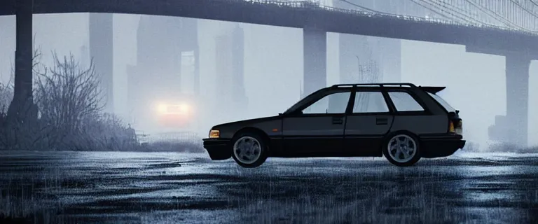 Image similar to Audi RS 2 Avant (1995), black car, a gritty neo-noir, dramatic lighting, cinematic, establishing shot, extremely high detail, photorealistic, cinematic lighting, artstation, by simon stalenhag, Max Payne (PC) (2001) winter new york