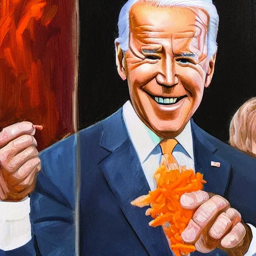 Image similar to joe biden eating a carrot, highly detailed, realistic, painting