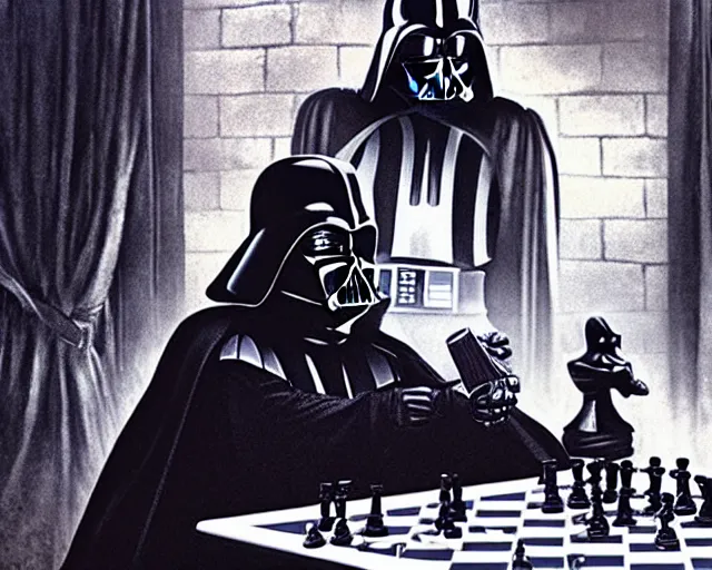 Image similar to darth vader playing chess with a witch