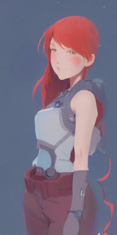 Image similar to concept art of young cute curvacious redhead cyborg woman softly smiling at camera wearing 🩳 and 👕 illustration illustration concept art anime key visual trending pixiv fanbox by wlop and greg rutkowski and makoto shinkai and studio ghibli and kyoto animation