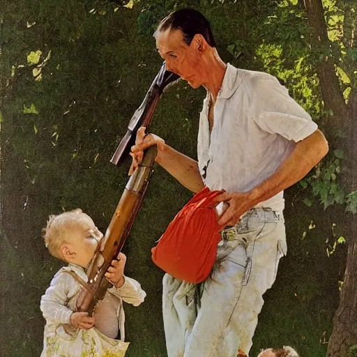 Image similar to a stork is carrying a human baby with a bag in its mouth. a man is chasing the stork away with a shotgun. they're in a trailer park. norman rockwell painting. highly detailed, high quality, 8 k, soft lighting, realistic face, path traced