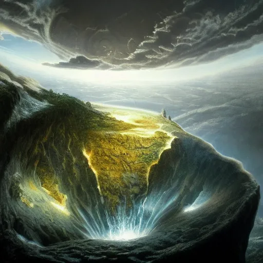 Image similar to hollow earth incredible ethereality insane hyperrealism photo - realistic lifelike photography detail incredible beautiful hollow earth scenery and landscapes, huge opening in the sky with stairs leading to it, by gustave dore and james gurney artstation 8 k