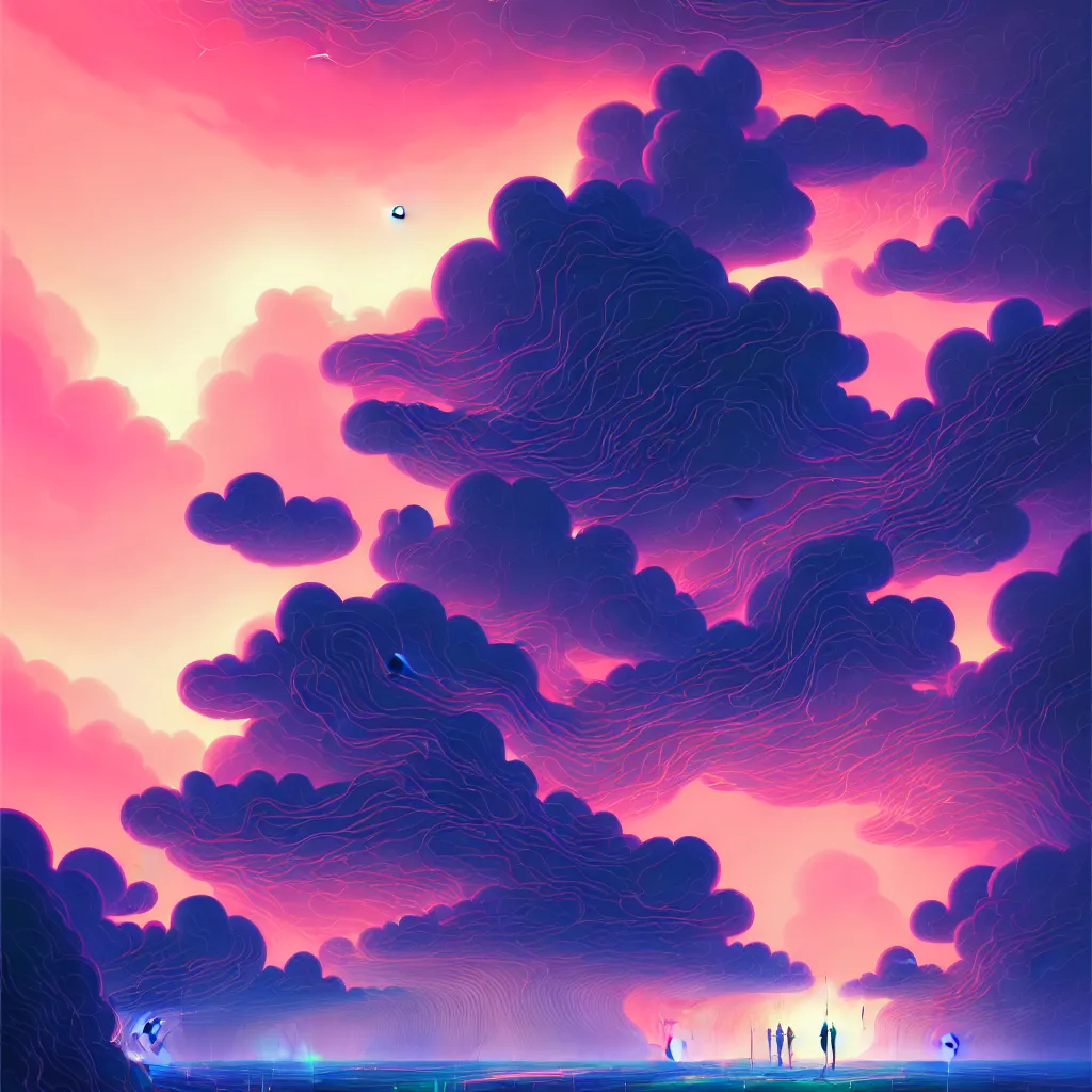 Prompt: illustration of a data-center, connector, firewall, cloud, security, river, trees, thunderstorm, trending on Artstation, painting by Jules Julien, Leslie David and Lisa Frank and Peter Mohrbacher and Alena Aenami and Dave LaChapelle muted colors with minimalism