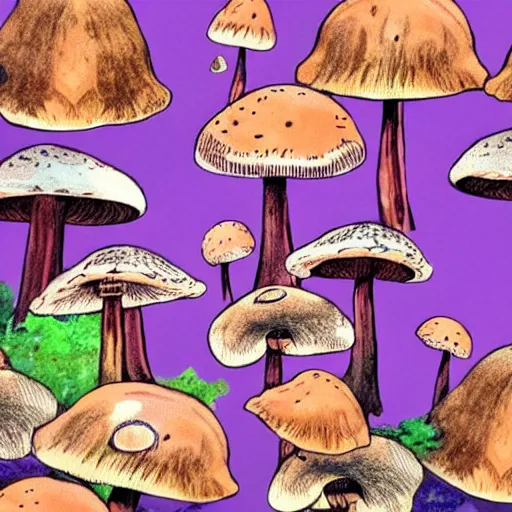 Prompt: mushrooms in the place of flying saucers, hallucinogenic, psychedelics, altered vision, groovy, modern,