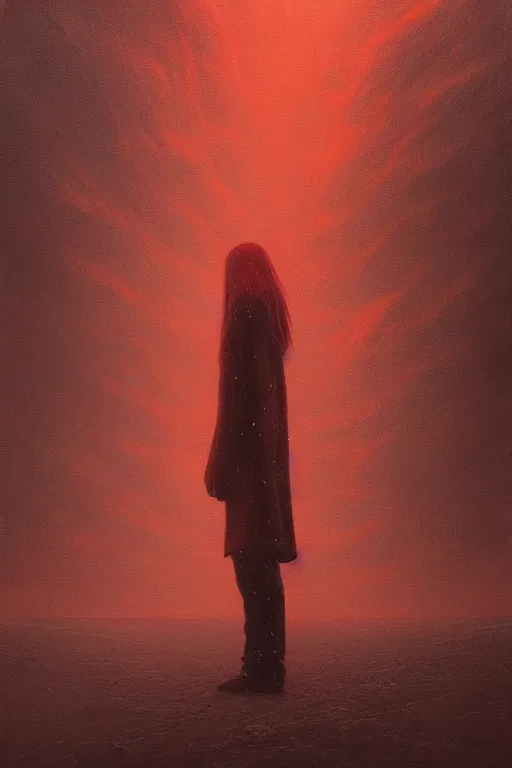 Prompt: a painting of a person standing in the snow, winter landscape, a surrealist painting by zdzisław beksinski and by alena aenami, deviantart, nuclear art, dystopian art, apocalypse landscape, red color scheme, surrealist