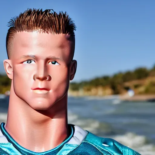 Image similar to a realistic detailed photo of a guy who is an attractive humanoid who is half robot and half humanoid, who is a male android, football player christian mccaffrey, shiny skin, posing like a statue, blank stare, by the beach, on display