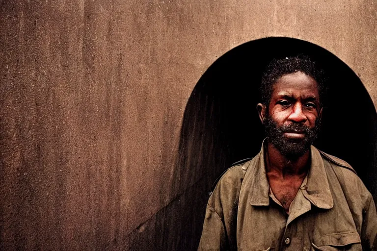 Image similar to a cinematic!! headshot photograph!! of a beautiful homeless war veteran, stood in a tunnel, rain, dirt, film still, cinematic lighting, by bill henson