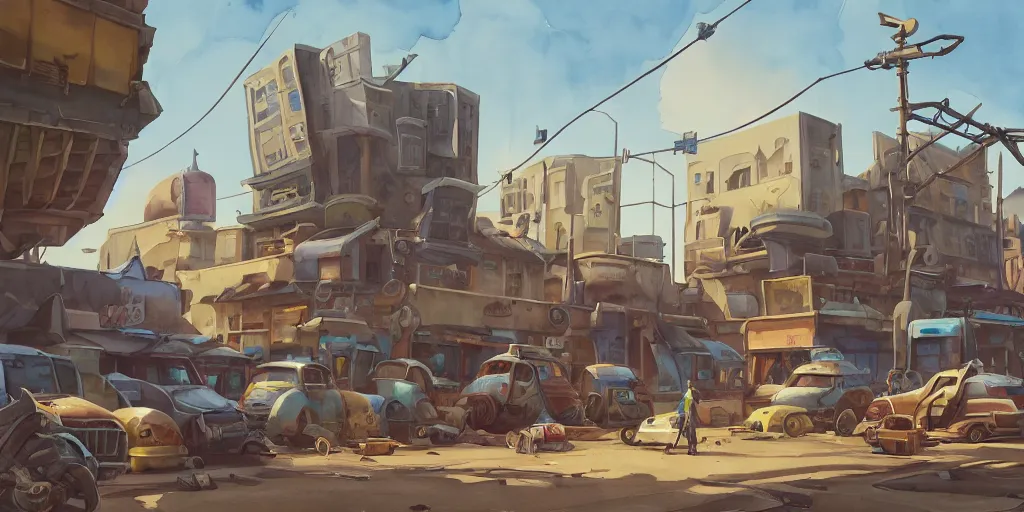 Prompt: overwatch building, stylized, exterior, architecture, in watercolor gouache detailed paintings, insanely detail, artstation, 8 k, futuristic, big medium small, arcane, simon stalenhag, food stall, interesting shapes & form, golden ratio, megastructures, desolate landscape, desert, slums, junkyard, oriental, asian, japanese alleyway