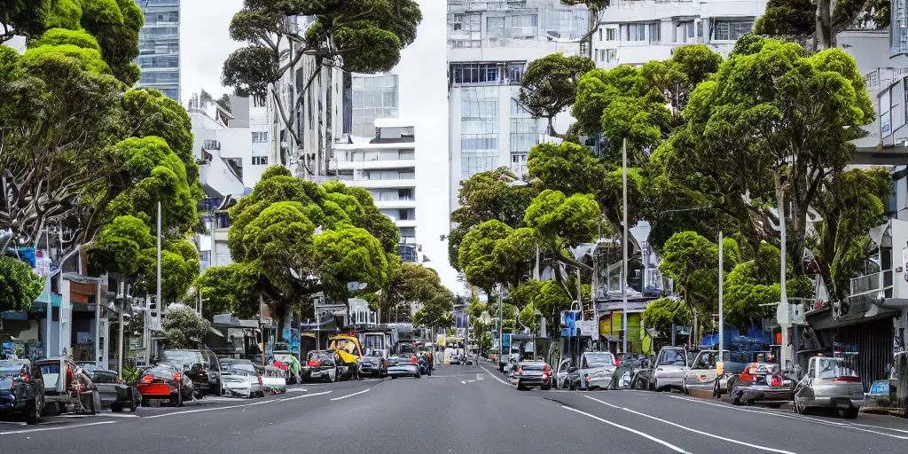 Image similar to photo of a city street in wellington, new zealand but the buildings are interspersed with enormous ancient nz endemic podocarp rimu trees full of epiphytes with birds perching amongst the leaves.