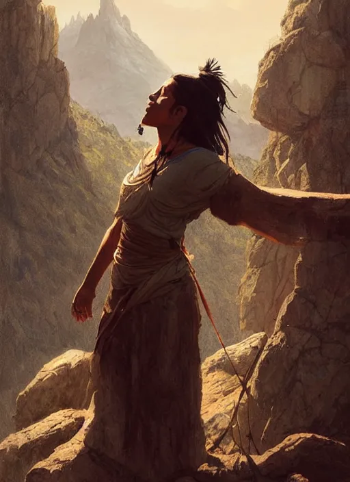 Prompt: a young indigenous woman at the top of a mountain, with arms wide open, art by greg rutkowski
