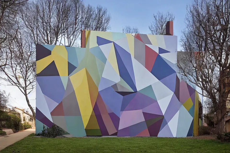 Image similar to geometric anamorphic graffiti of a modern house, by birdo, alex maksiov and john pugh