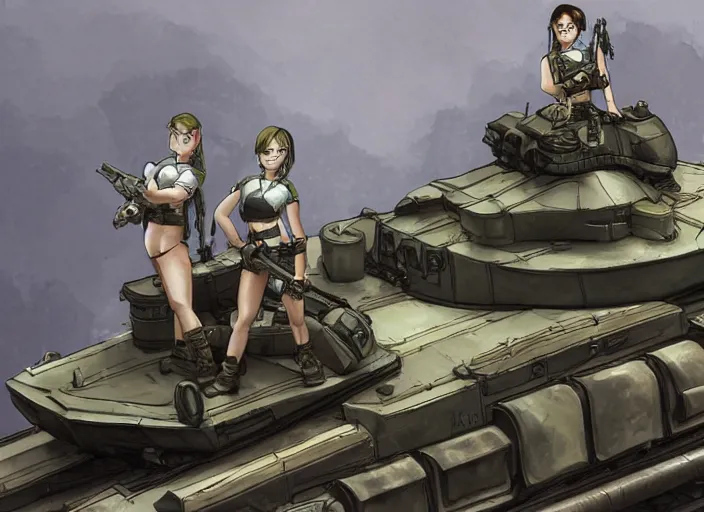 Image similar to Female tank crew posing triumphantly next to their tank, tankobon, trending on artstation, highly detailed