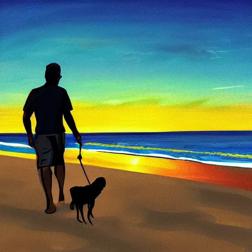 Image similar to man walking his dog at the beach at sunset, digital painting