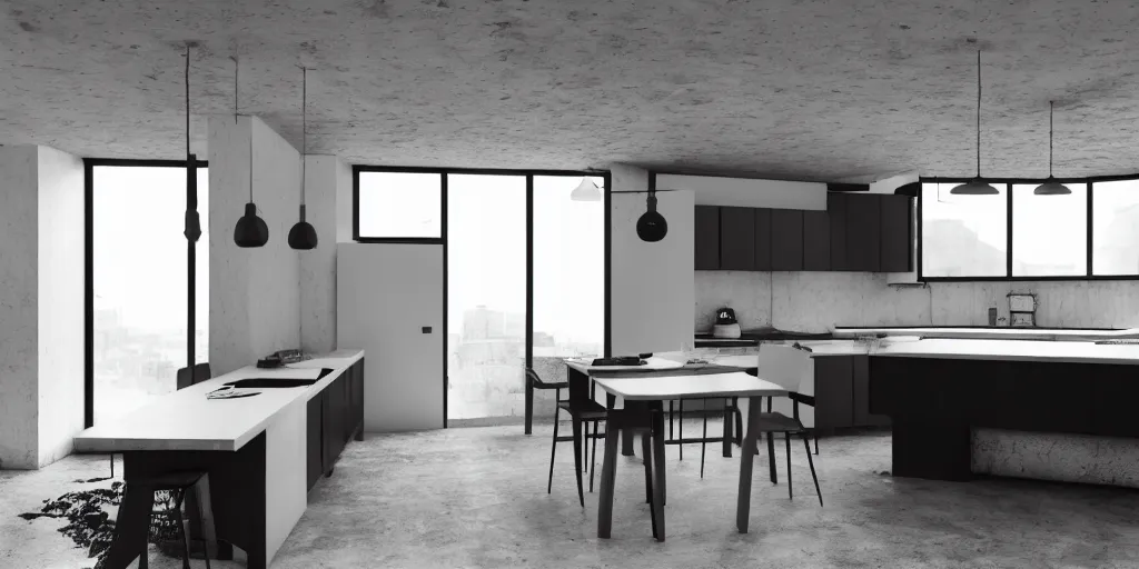 Image similar to brutalist black house kitchen interior design minimalist organic, organic architecture furniture ominous dark powerful giant open space high quality octane render blender 8 k