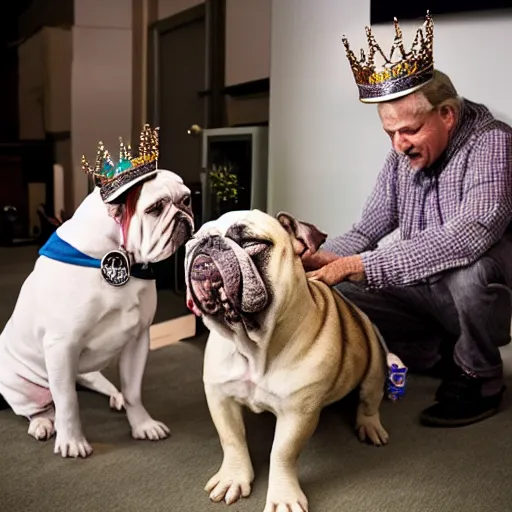 Image similar to Buddy the graying middle aged homeless man playing xbox and petting an english bulldog wearing a crown, dog wearing a plastic crown, photo by Wes Anderson