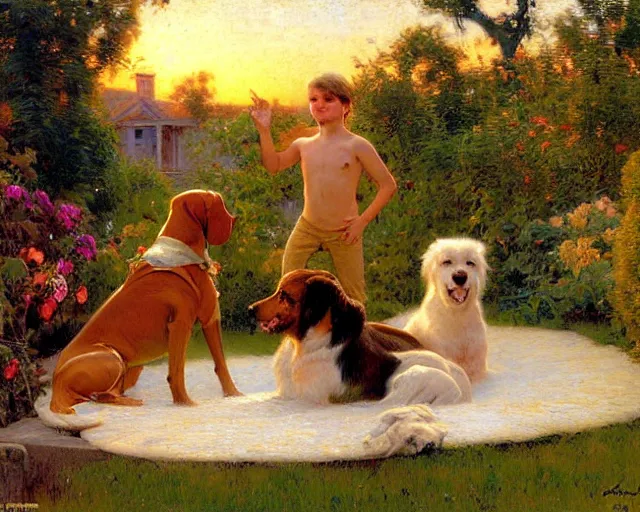 Image similar to dogs play in the backyard of a beautiful suburban home, 1 9 7 0 s sunrise painting by gaston bussiere, craig mullins, j. c. leyendecker