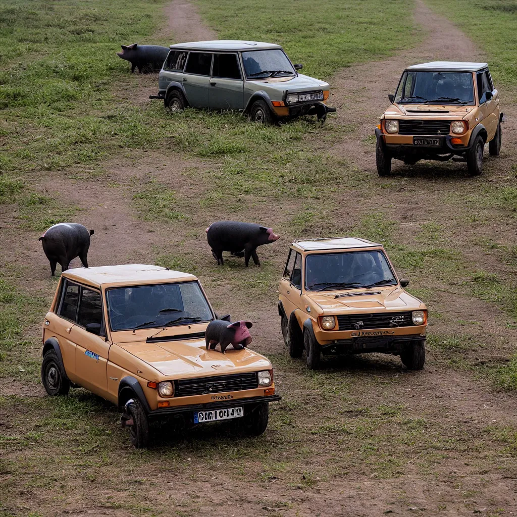 Image similar to pig driving, lada niva, award winning photography