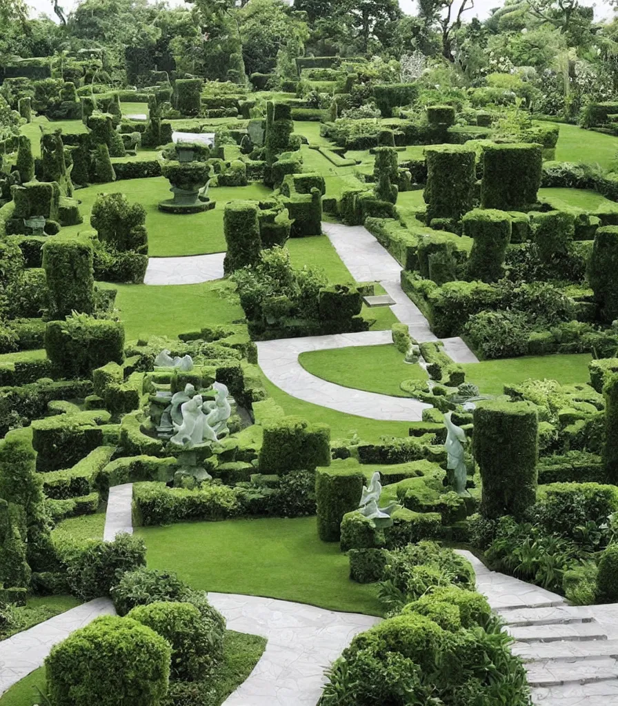 Image similar to a villa garden with a sculpture, garden landscape, symmetrical landscape and architectural design ， by gertrude jekyll and ieoh ming pei ， trending ，